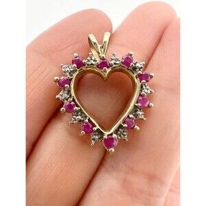 10k Yellow Gold genuine ruby diamond open heart pendant